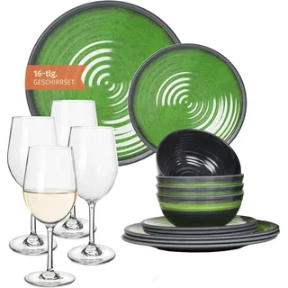 Melamin Camping Geschirr Set 4 Personen Stone Green + 4 Tiamo Weiß Weingläser Tafelgeschirr Picknick BBQ Kochgeschirr
