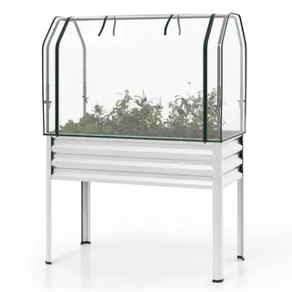 FANTASK 3 in 1 Pflanzkasten mit PE-Abdeckung, 112 x 55 x 152 cm, erhöhtes Hochbeet mit rollbarer Tür, Gartenbeet aus verzinktem Metall, Pflanzbeet, Kräuterbeet für Garten Balkon Terrasse (Silber)