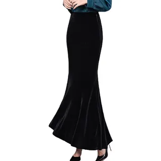 Bossy Damen Maxi-Rock mit hoher Taille, figurbetont, Samt, Fischschwanz, Meerjungfrau, Abendparty - Schwarz - X-Groß