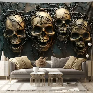 Arsey Gothic Wandteppich Totenkopf Design Schädel mit Ranken Wandteppiche wandtuch für Halloween und Goth Stil deko wandtücher, schwarz, groß 230 x 180cm