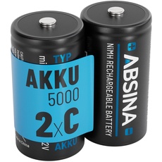 ABSINA 2X Batterien C Baby LR 14 wiederaufladbar 5000 mit geringer Selbstentladung - C Batterien Akku NiMH mit min. 4500mAh & 1,2V - Baby C Akku, Baby Batterien, Batterien Baby C, Batterie C LR14