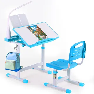 Clevich Höhenverstellbarer Schreibtisch und Stuhl Set,Kinderschreibtisch Stuhl mit Lampe, Jugendschreibtisch Kinder Multifunktionaler Schülerschreibtisch mit Stuhl und Schublade LesestäNder (Blau)