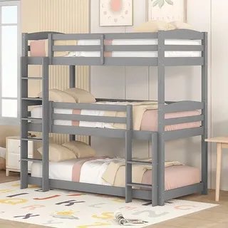 Dreier Etagenbett für Kinder 90x200cm, Stockbett für DREI Abnehmbar in Einzelbett, Doppelbett Personen, Hausbett, Gästebett Kiefern, Ohne Matratze (Grau) - Grau