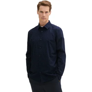 Langarmhemd TOM TAILOR, Herren, Gr. S, N-Gr, blau (navy dot design), Web, Obermaterial: 98% Baumwolle, 2% Elasthan, kariert, unifarben, gerade hüftbedeckend, Rundhals, 2-Knopf-Manschette, Hemden Langarmhemd, mit Knopfleiste und Stretchanteil