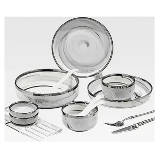 Einfarbiges Porzellan-Geschirr, galvanisiert, Marmor-Design, 15-teiliges Set für 2 Personen [Box]