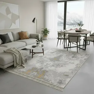 jimri Fashion4Home Teppich Läufer - Tepiche für Wohnzimmer, Schlafzimmer, Küche, Kinderzimmer, Badezimmer - Boho Kelim - Läufer Flur, Abstract-Grau-Gold, Größe: 160x230 cm