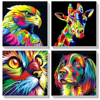 SENQAO 4 Stück Malen Nach Zahlen Erwachsene mit Rahmen, Malen Nach Zahlen Bunte Tiere, Diy Set Erwachsene mit Pinseln und Acrylfarben Handgemalt Ölgemälde Leinwand für Home Décor, 20x20cm