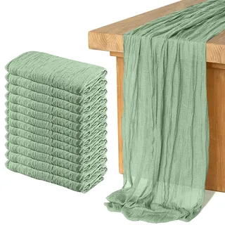 Seihtuch-Tischläufer, Gaze, Boho, Hochzeitsdekoration, romantischer Tischläufer für Hochzeit, Geburtstag, Party, 88,9 x 299,7 cm, Salbeigrün, 12 Stück