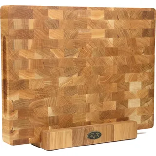 B4K® Schneidebrett mit Ständer aus Eiche Stirnholz 40 × 30 × 4 cm – Massiver Hackblock | Antibakterielles Hirnholzbrett mit Griffen & Silikonfüßen | Perfekt für Küche, Fleisch & BBQ
