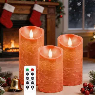 AiiBowy Led Kerzen [3er Set] Flammenlose Kerze Echtwachs Flackernde Dimmbar mit Fernbedienung Weihnachtskerzen LED Flammen 4"/5"/6” Tischdeko, Wohnzimmer, Weihnachten, Hochzeit, Party (Orange)