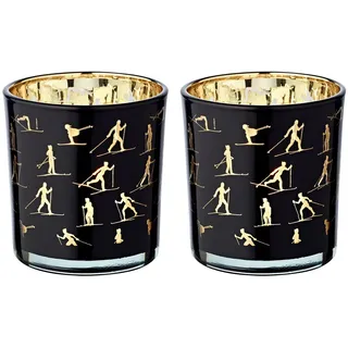 Edzard 2er-Set Teelichtglas Monty (Höhe 8 cm, ø 7,5 cm), Windlicht mit Skisport Motiv, innen Gold/außen schwarz