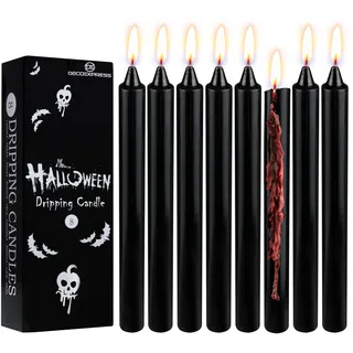 DECO EXPRESS Halloween Deko Stabkerzen Schwarz, 8er Set Kerzen mit Rotem Bluttropf Effekt, 5h Brenndauer, Horror Gothic Hexen Zubehör Party Dekoration (Schwarz Bluteffekt)