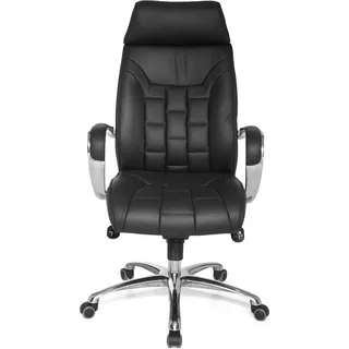 FineBuy Bürostuhl Echtleder schwarz Schreibtischstuhl bis 120kg X-XL Wippfunktion Chefsessel Armlehnen Drehstuhl - Schwarz