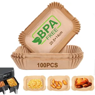 AiQInu Backpapier für Heißluftfritteuse mit Doppelkammer, 100 Stück 20.5x14cm BPA-frei Rechteckig Airfryer Backpapier Antihaft-Einweg Wasserdicht Ölfest Pergamentpapier Liner Airfryer Zubehör