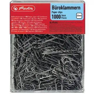 Herlitz 8859100 Büroklammer Brief-, Aktenklammer 32mm verzinkt 1.000er Transparentbox (1, 32mm)