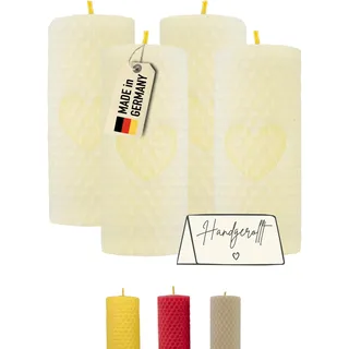 Wachsmann Stumpenkerzen weiß Herz – 100% Bienenwachs - Weihnachten & Geschenk - handgerollt, Made in Germany – 4er-Set Bienenwachskerzen (4×10 cm, 6 Stunden Brenndauer)