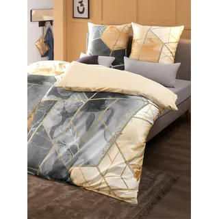 Wendebettwäsche BIERBAUM Gr. 1, beige (ecru, anthrazit, bedruckt), B/L: 135cm x 200cm, Mako-Satin, B/L: 80cm x 80cm, 2 Stk., Mako-Satin, 100% Baumwolle, Bettwäsche, Wendebettwäsche