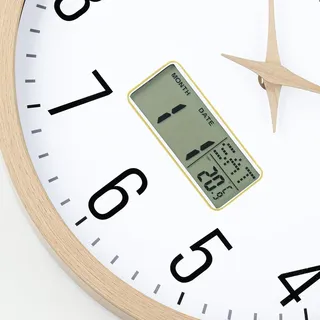 Lafocuse Silent Wanduhr mit Kalender Digital LCD, Vintage Wanduhr mit Datum, Wochentag und Thermometer, Beige Analoge Quarzuhr für Wohnzimmer, Schlafzimmer, Büro, Küche 30cm