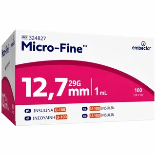 Embecta Mikrofeine 1 ml U-100 mit 29G 12,7 mm Spritze | Mehrzweckspritze | Modellnummer: 324827 | latexfrei, CE-zertifiziert, 100 Stück
