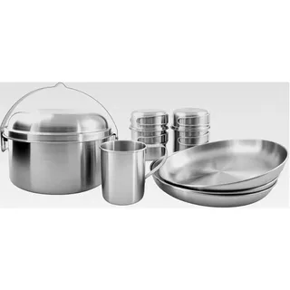 Camping-Kochgeschirr Set für drei Personen (10-teilig) - Edelstahl-Geschirr für das Picknick - Inklusive Topf, Pfanne, Tellern und Bechern (mit Deckel) - Schadstofffrei und lebensmittelecht