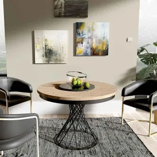 Runder Tisch LAURA Ø 100–140 cm ausziehbar, Metallbeine, Loft-Stil, Farbe: Schwarz/Eiche Artisan - Bronze, Schwarz