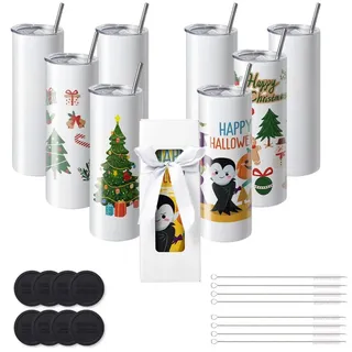 8er-Pack 20 oz Gerade Sublimationsbecher - Blanko-Becher aus Edelstahl mit Doppelwand, Strohhalm und Deckel - Inkl. Bürste, Boden, Schrumpffolie und Geschenkbox - Für Wärmepresse und Wärmeübertragung