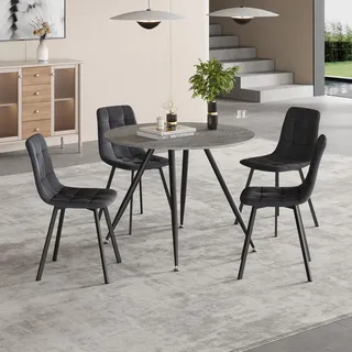 Essgruppe 'Fitjar' 5-tlg. Esstisch mit 4 Stühlen 75 x Ø100 cm runde Tischplatte Betonoptik/Dunkelgrau - Dunkelgrau