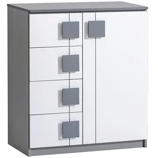 Furniture24 Kommode Gumi G3 Schubladenkommode mit 4 Schubladen und 1 Tür für Kinder und Jugendzimmer Anthrazite/Brillant Weiß - Weiß