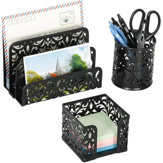 EasyPAG geschnitzt Hohl Blumen Muster 3 in 1 Schreibtisch Organizer Executive Büro-Set schwarz