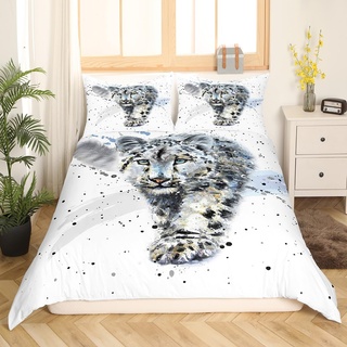 Loussiesd Leopard Bettbezug Set Aquarell Tierdruck Bettwäsche Set 135x200cm für Jungen 3D Schneeleopard Muster Betten Set Tier Thema Schlafzimmer 2St