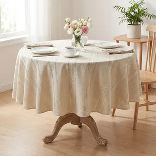 Artoid Mode Boho Beige Baumwollmischung Tischdecke Rechteckig Rund 140 cm, Landhausstil Abwaschbar Tischwäsche Küche Urlaub Party Dekor