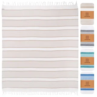 MOMOMUS Stranddecke Sandfrei XXL im Fouta-Stil – mit Boho-Abschluss, Leicht und Kompakt – Große Strandmatte aus Stoff, Faltbare Picknickdecke und XXL Strandtuch – Beige, 210 x 240 cm