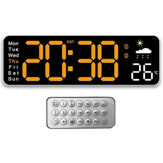 Tomedeks Wanduhr Digital 12 Zoll LED Wanduhr Groß Display Digital Uhr mit Fernbedienung Countdown Einstellbarer Helligkeit Wanduhr mit Uhrzeit/Datum/Temperatur für Wohnzimmer Küche Büro Gym(Orange)