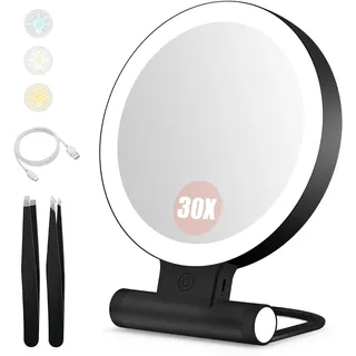 B Beauty Planet Kosmetikspiegel mit Beleuchtung, 30 fache/1-fach Doppelseitige Tischspiegel,3 Farblichter, DimmbarerSchminkspiegel,Reisen Kosmetik Spiegel mit Beleuchtung