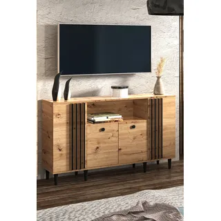 Sideboard breite Kommode Laura VI Eiche Holz in Natur Schwarz Wohnzimmerschrank (Eiche Artisan und schwarz) 160 cm - Braun, Schwarz