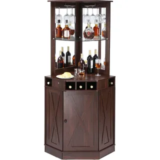 Industrieller Eck-Barschrank, Weintisch für Spirituosen und Gläser, Sideboard-Buffetschrank mit Glashalter, Freistehender Kaffee-Barschrank aus Bauernholz für Wohnzimmer, Hausbar, Walnussholz - Braun