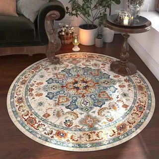 Tospass Vintage Boho Rund Teppich Waschbarer Wohnzimmer Orientalischer Stil Sofa Teppich Kurzflor Couchtischmatte, Bunter Muster Rutschfester Carpet für Schlafzimmer. 100 cm