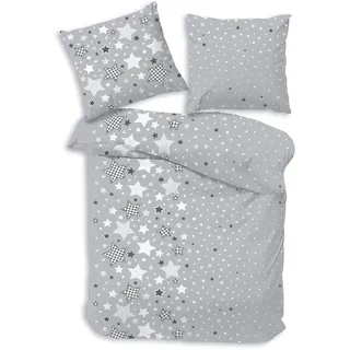 MTOnlinehandel Biber Bettwäsche 135x200 Sterne-Motiv, Teenager-Bettwäsche, Kinder-Bettwäsche für Mädchen und Jungen, Kissenbezug 80x80 + Bettbezug 135x200 cm - 100% Baumwolle Winter warm