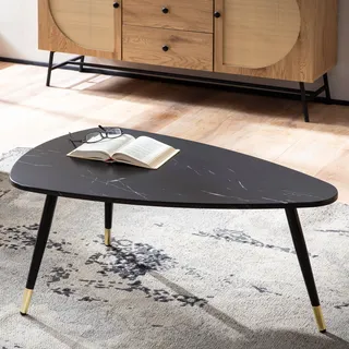 FineBuy Couchtisch 90x60x41 cm mit Marmor Optik Schwarz Dreibein Wohnzimmertisch mit Metall-Gestell Sofatisch Dreieckig Tisch Wohnzimmer Beistelltisch - Schwarz