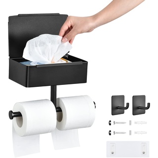 OTraki Toilettenpapierhalter Ohne Bohren Klopapierhalter mit Feuchttücherbox Edelstahl Klorollenhalter Schwarz WC Papier Halterung mit Ablage für Badezimmer Küche