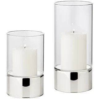 EDZARD 2er Set Windlicht Granada (H 15 cm & 20 cm, ø 9 cm) einteiliges Glas, Fuß in Silber-Optik, kein Metall, dünnes Glas, Kerzenglas Indoor und Outdoor, für Kerzen bis Durchmesser 8 cm