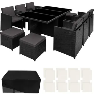 tectake Sitzgruppe Aluminium Rattan 6+4+1 New York - Inkl. Schutzhülle, klappbare Rückenlehne, Tisch 178x114x72 cm, schwarz/beige/grau , Schwarz , Kunststoff , Rechteckig , Gartenmöbel, Gartengarnituren, Gartenmöbel-Sets