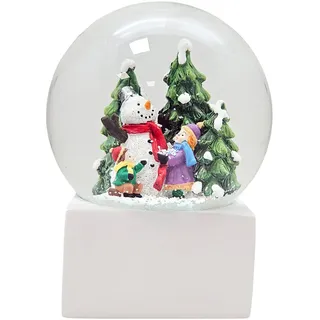 Schneekugel Weihnacht Stimmung | Schneemann Bauen Winterszene auf Sockel weiß, Pure-Line | Durchmesser 100mm | Schüttelkugel | 20306