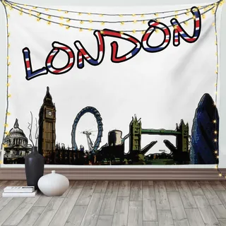 ABAKUHAUS Bunt Wandteppich, London Turm Cartoon, Wohnzimmer Schlafzimmer Heim Seidiges Satin Wandteppich, 200 x 150 cm, Mehrfarbig