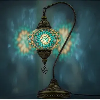 Mozaiek Zwanenhals Lampe, Handgemachte Nachtlampe im Tiffany-Stil, Marokkanische Tischlampe für Schlafzimmer und Wohnzimmer, Turkois - Türkis