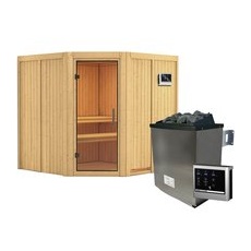 KARIBU Sauna »Vöru«, inkl. 9 kW Saunaofen mit externer Steuerung, für 4 Personen - beige