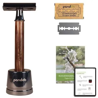 pandoo Rasierhobel mit Halter und Bambus-Griff | Zero-Waste Rasierer | Sicherheits-Rasierhobel | Safety Naßrasierer | Männer und Frauen | geschlossener Kamm - plastikfrei inkl. eBook & 10 Klingen