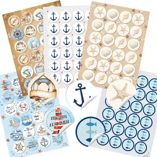 Maritime Aufkleber, 120er Set: Sticker mit Muscheln, Seestern, Anker, Fische, Rettungsring & Leuchtturm, Deko Sommer, Meer & Strand, Maritim, Für Karten, Geschenke & Pary, Dekosticker Klein, Ø 4 cm