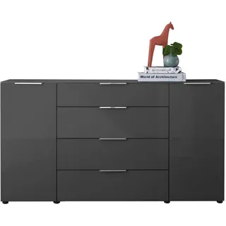 Sideboard Kommode SANTORIN Anthrazit 180 cm breit mit Glasfront, Schrank Korpus in Anthrazit mit Oberboden in Glas und Schubladen für Ihren Wohnbereich - 180 x 99 x 40 cm (B/H/T)