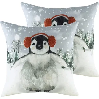 furn. Evans Lichfield Snowy Pinguin mit Ohrenschützer Polyester gefüllte Kissen (Twin Pack), Polyester, Bettwäsche, Multi